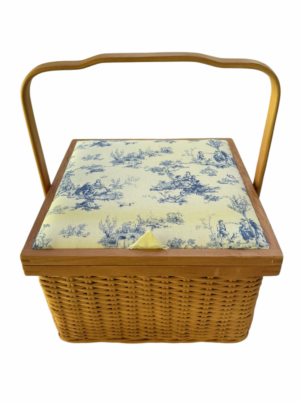 Vintage Wicker Nantucket Sewing Basket Wooden Handle Toile Fabric Lid Lined EUC